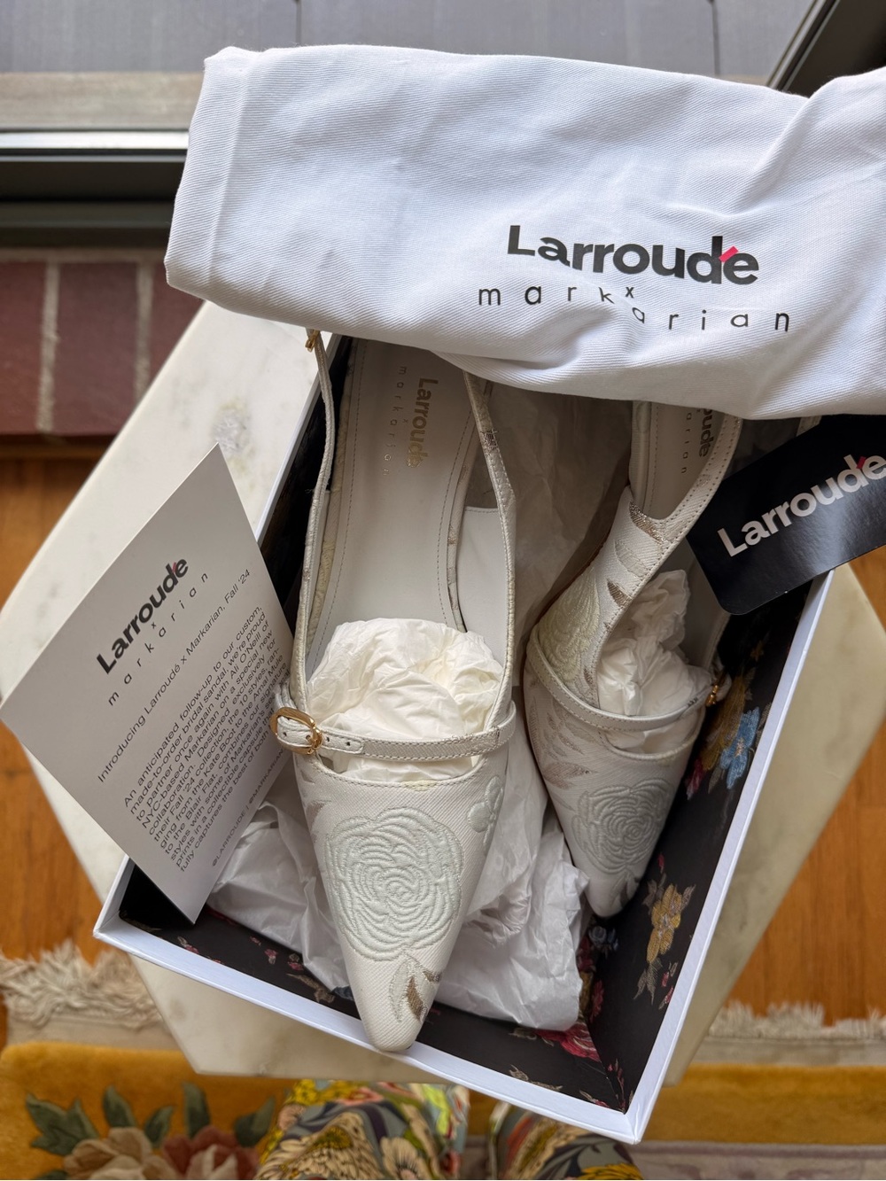 Larroude x Markarian White Embroidered Slingback Heels with Gold Buckles - Picture 4 of 4